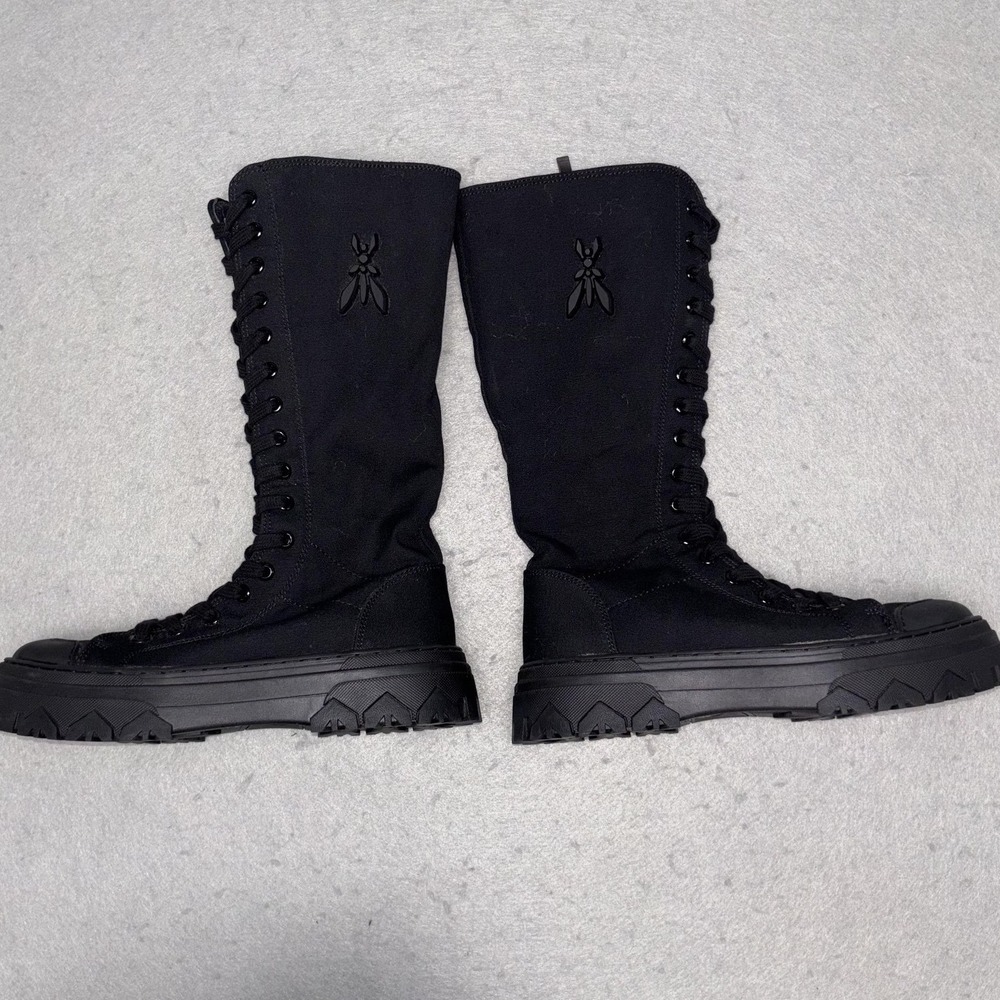 Patrizia Pepe Black Canvas Tall Combat Boots Lug Sole Fly Logo Size 36